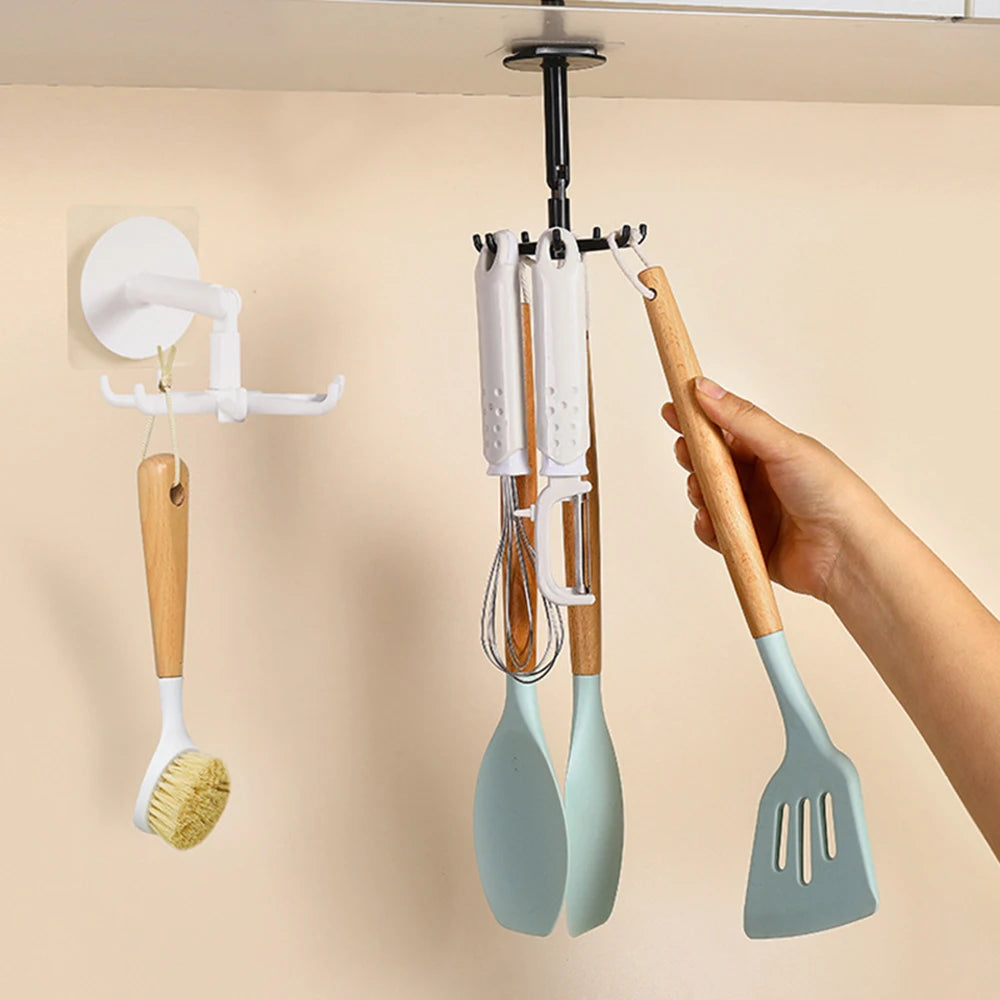1PC Punch-Free Kitchen WallMounted Rotating Shelf with 6 Hooks Adhesive Hook Rack Pot Shovel Chopping Storage No Drilling Needed