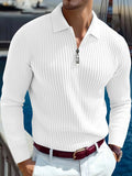 2026 Spring and Autumn New Men Solid Color Striped Button Knitted Collar Long Sleeve Top Business Casual Breathable Polo Shirt