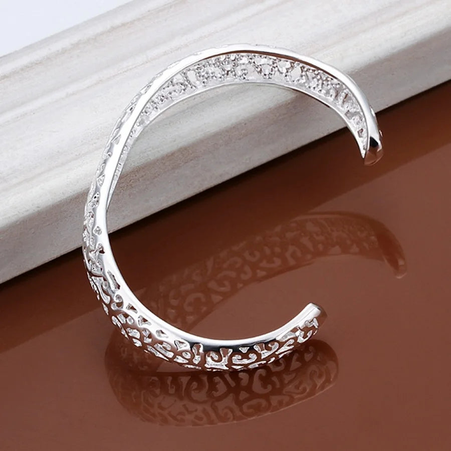 925 Sterling Silver Open Bangle Bracelet for Women Lady Girl Cute Favorite Gift Retro Charm Exquisite Circular Fashion Jewelry