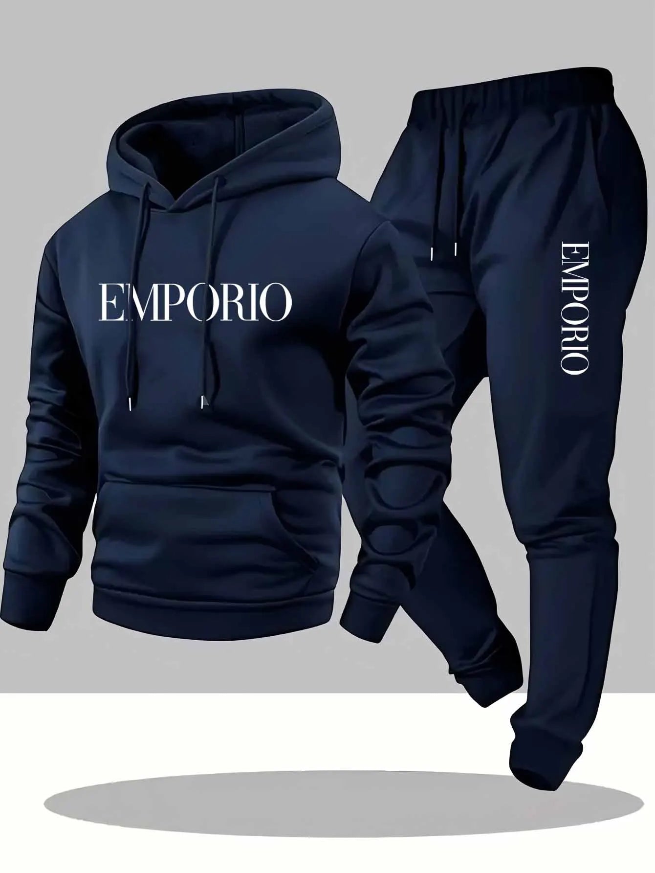 Men's Olive Green Casual Cargo Sweatshirt And Jogger Set with EMPORIO Print Drawstring Hood Pullover Top And Multi-Pocket