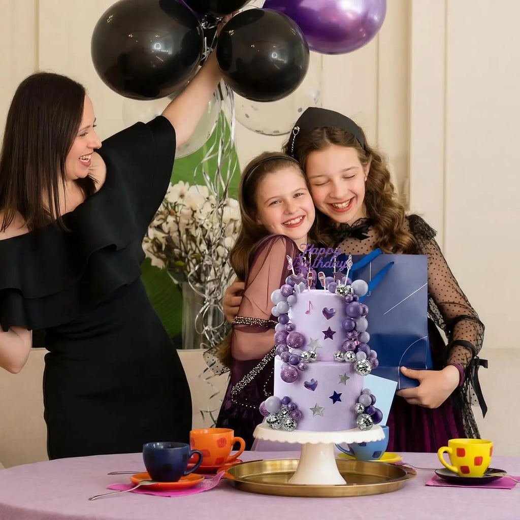 Complete K-Pop Party Cake Topper: Purple Disco Balls, Mic, Hearts & “Happy Birthday” – Music Theme Decor