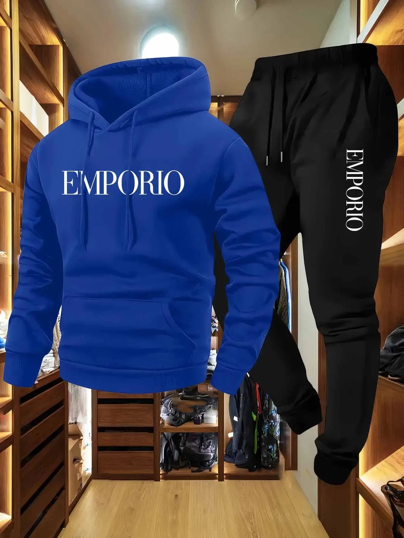 Men's Olive Green Casual Cargo Sweatshirt And Jogger Set with EMPORIO Print Drawstring Hood Pullover Top And Multi-Pocket