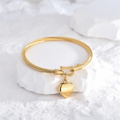 18k Gold Color Stainless Steel Heart Pendant Charm Bangle Bracelets for Men Women