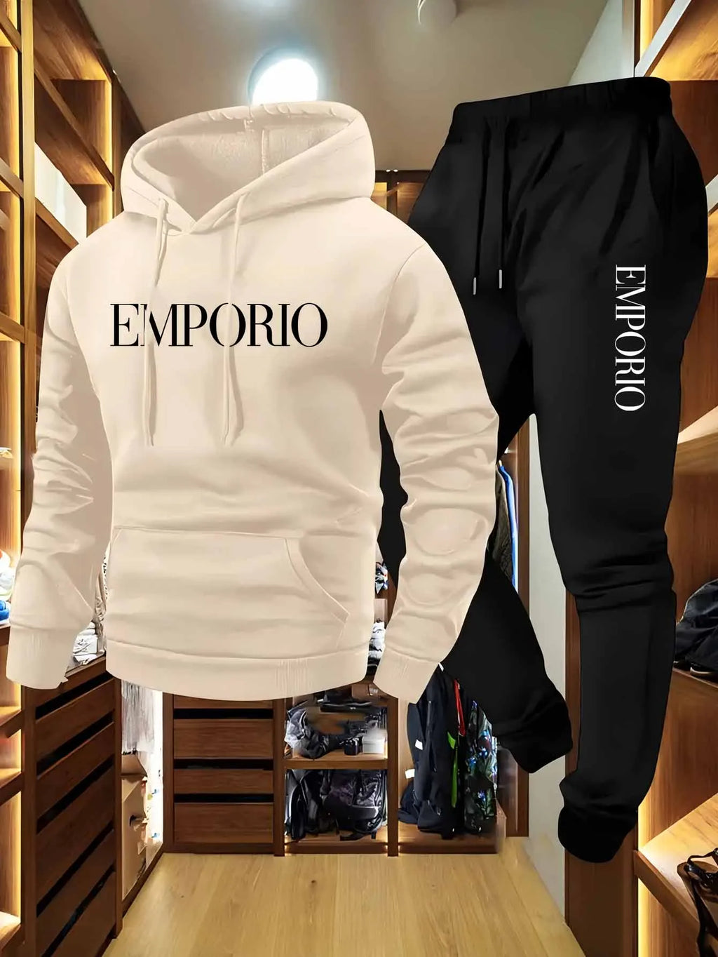 Men's Olive Green Casual Cargo Sweatshirt And Jogger Set with EMPORIO Print Drawstring Hood Pullover Top And Multi-Pocket