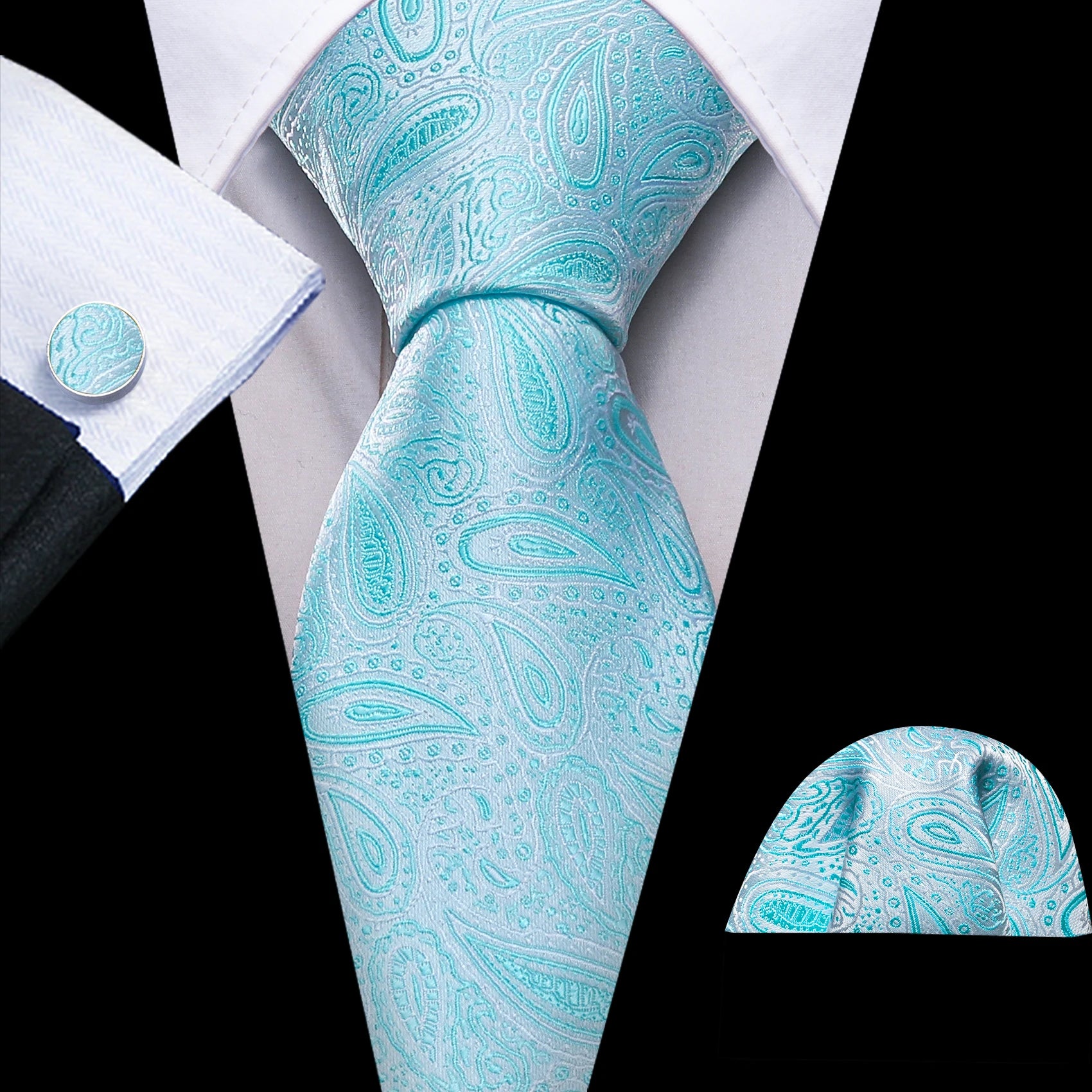Barry.Wang Green Mint Teal Men Tie Hanky Cufflinks Set Jacquard Olive Sage Lawn Cyan Necktie for Male Wedding Business Gift
