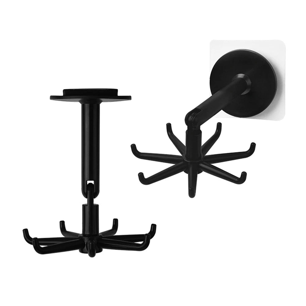 1PC Punch-Free Kitchen WallMounted Rotating Shelf with 6 Hooks Adhesive Hook Rack Pot Shovel Chopping Storage No Drilling Needed