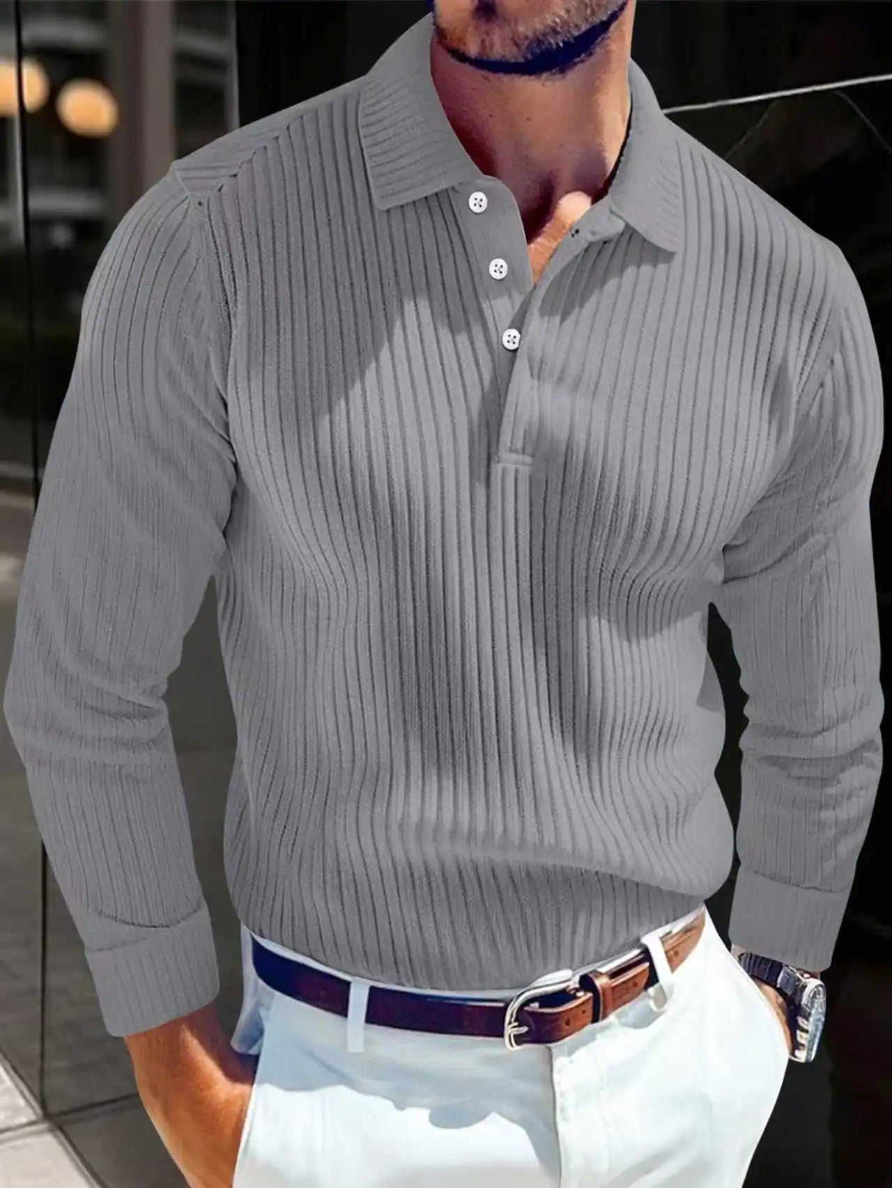 2026 Spring and Autumn New Men Solid Color Striped Button Knitted Collar Long Sleeve Top Business Casual Breathable Polo Shirt