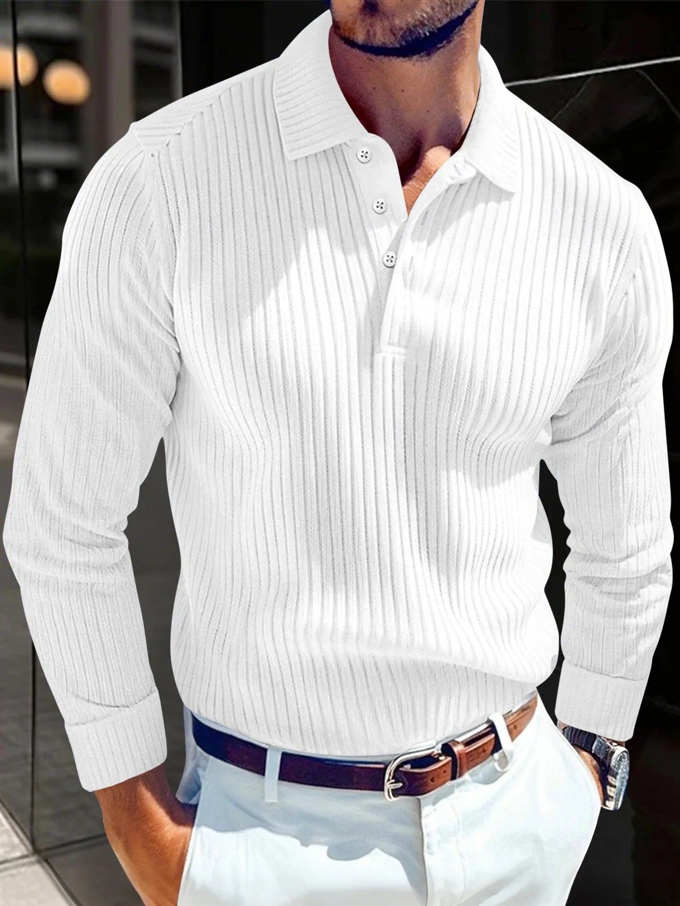 2026 Spring and Autumn New Men Solid Color Striped Button Knitted Collar Long Sleeve Top Business Casual Breathable Polo Shirt