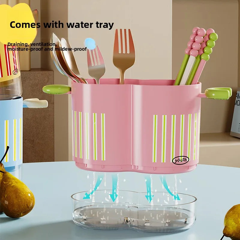 Colorful Dopamine Chopstick Holder Multi-Compartment Kitchen Organizer Drain Holes Countertop Tabletop Utensil Storage Basket