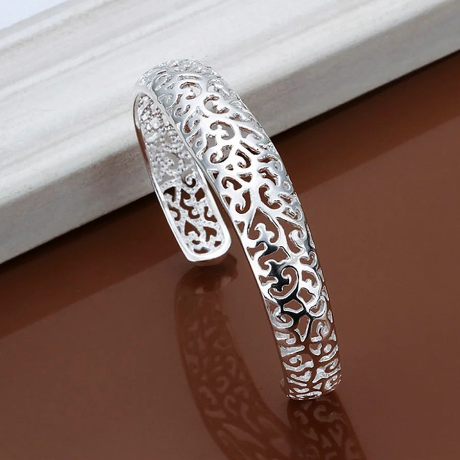 925 Sterling Silver Open Bangle Bracelet for Women Lady Girl Cute Favorite Gift Retro Charm Exquisite Circular Fashion Jewelry