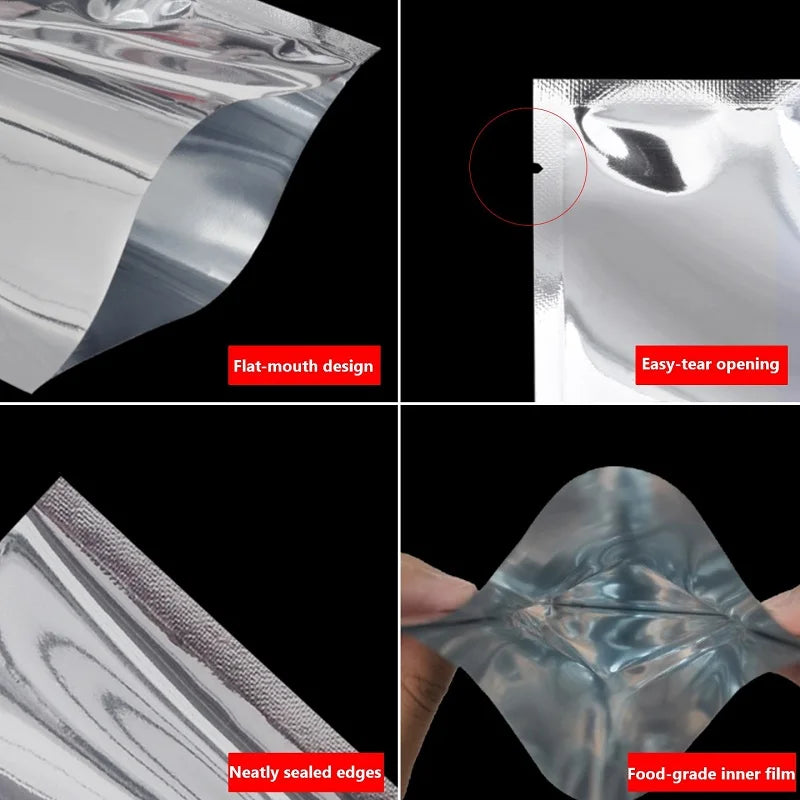 100pcs Aluminum Foil Flat Bags Heat Sealable Food Grade Storage Bags Snack Packaging Pouch Kitchen Organizer Bags