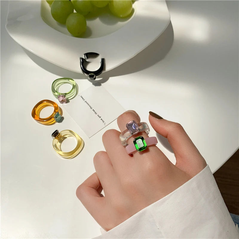 Fashion Luxury Irregular Geometric Transparent Colorful Crystal Rhinestone Zircon Round Ring For Women Shiny Jewelry Accessories