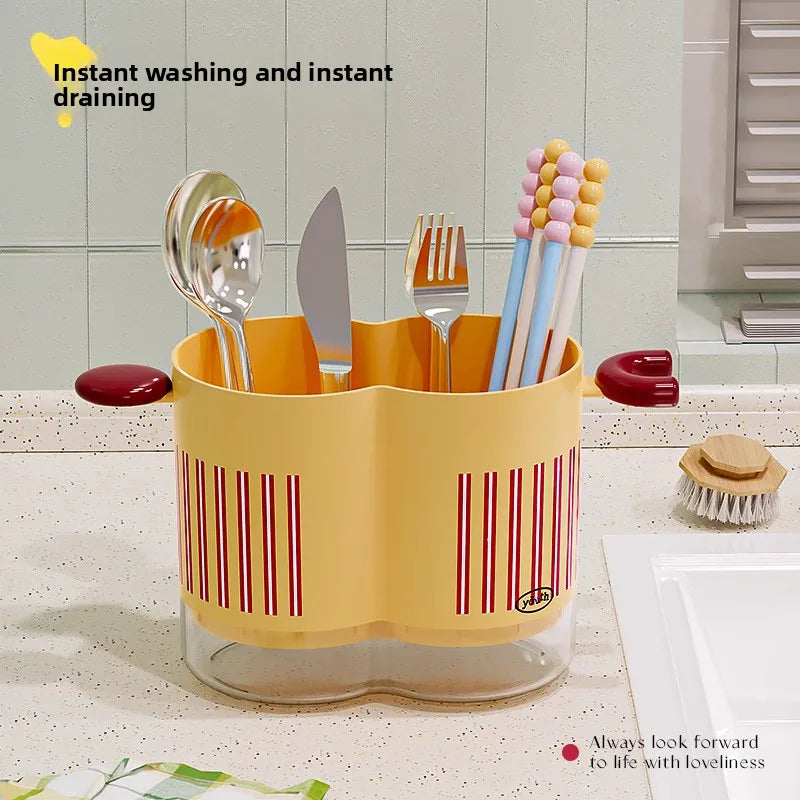 Colorful Dopamine Chopstick Holder Multi-Compartment Kitchen Organizer Drain Holes Countertop Tabletop Utensil Storage Basket