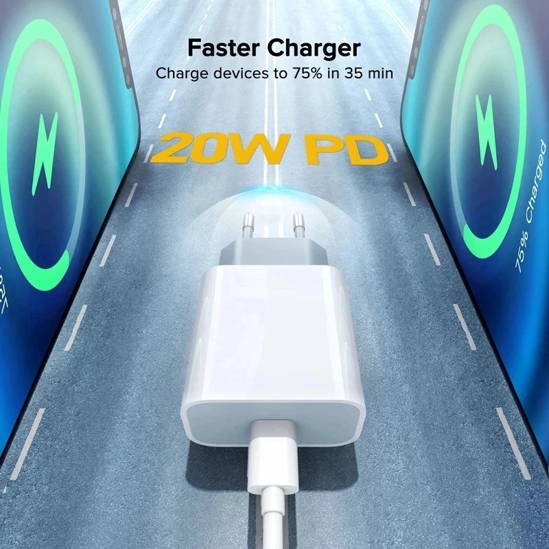 PD 25W Fast Charging EU Charger Plug with 1M/3FT Cable for iPhone iPad