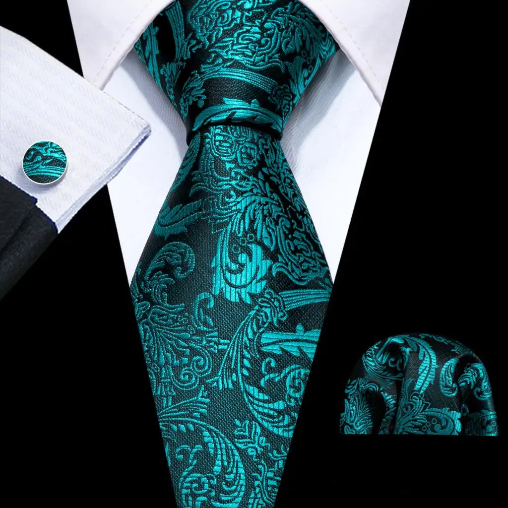 Barry.Wang Green Mint Teal Men Tie Hanky Cufflinks Set Jacquard Olive Sage Lawn Cyan Necktie for Male Wedding Business Gift