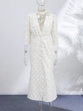 Women Floral Dress Choker Tie Midi Dress Deep V Long Sleeve Belt Waist Club Mini Dress Summer Wear Woman Clothes Daily Outfit