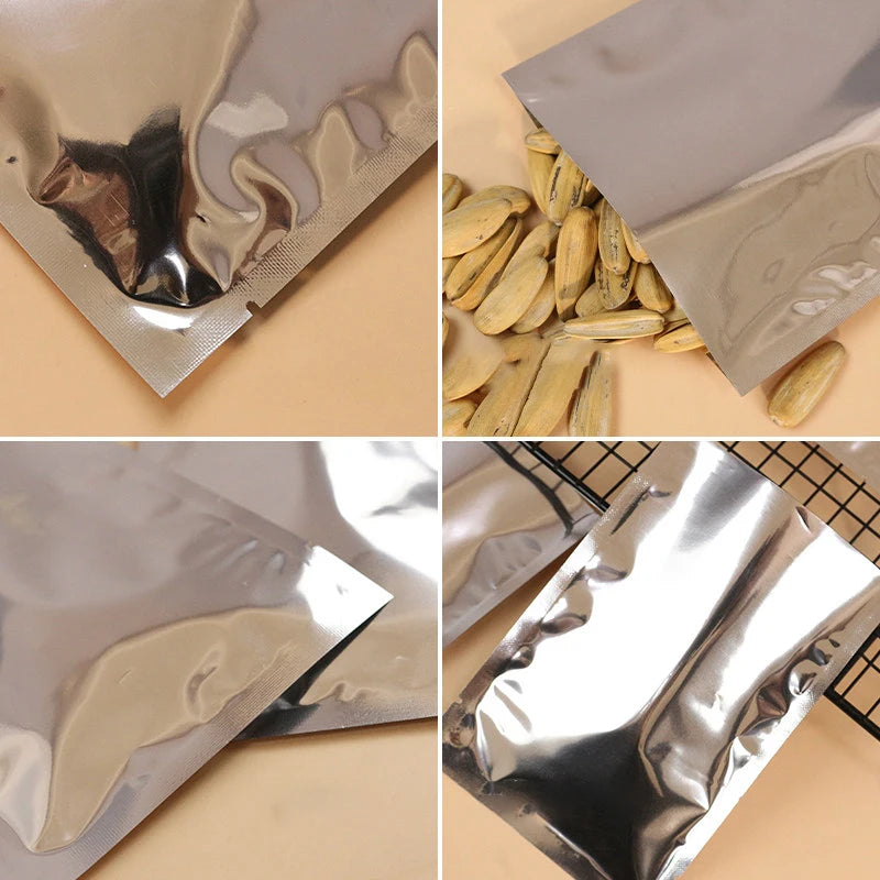 100pcs Aluminum Foil Flat Bags Heat Sealable Food Grade Storage Bags Snack Packaging Pouch Kitchen Organizer Bags