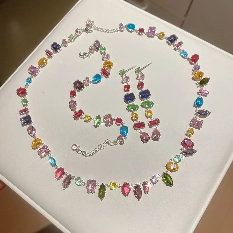 Brand 18K Gold Plated New Luxury Colourful Crystal Zircon Necklace For Women Fashion Party Jewelry Accessories Ladies Jewellery