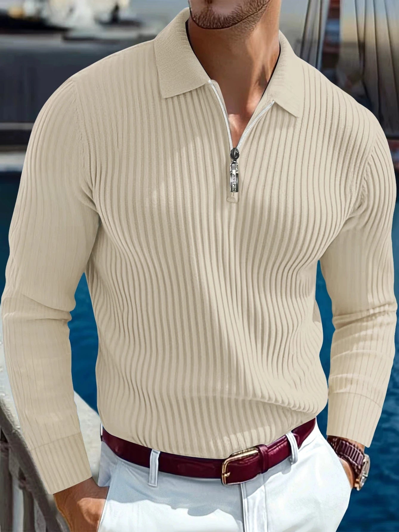 2026 Spring and Autumn New Men Solid Color Striped Button Knitted Collar Long Sleeve Top Business Casual Breathable Polo Shirt