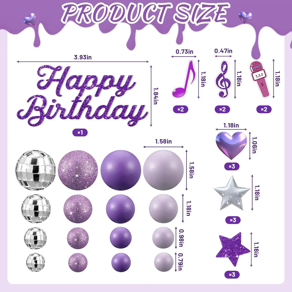 Complete K-Pop Party Cake Topper: Purple Disco Balls, Mic, Hearts & “Happy Birthday” – Music Theme Decor