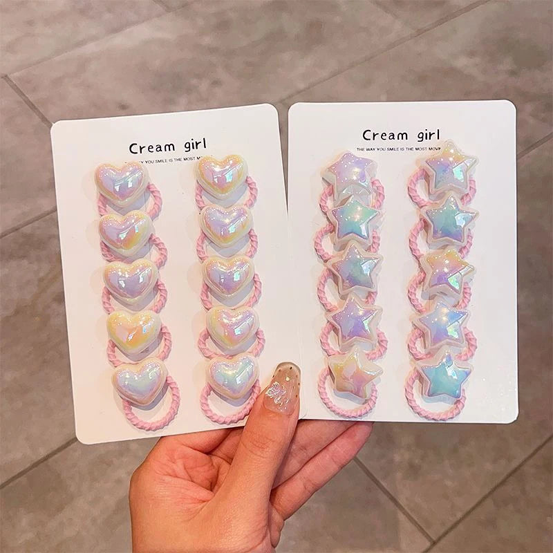 10pcs/set Cute Baby Girl Hair Love Bands Cartoon Love Heart Star Hair Ties Toddler Elastic Rubber Band Kids Hair Ropes Headwear