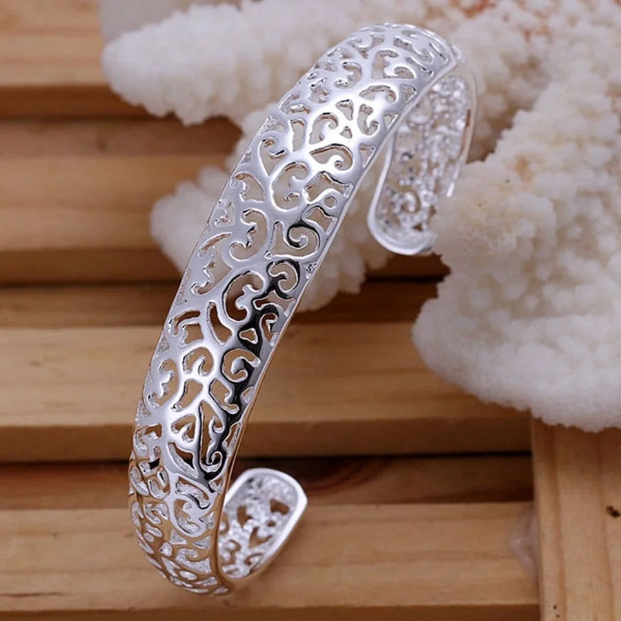 925 Sterling Silver Open Bangle Bracelet for Women Lady Girl Cute Favorite Gift Retro Charm Exquisite Circular Fashion Jewelry