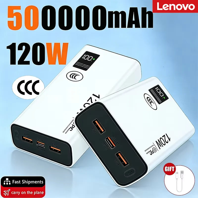Lenovo 2026 Large Capacity 500000mAh Powerbank 120W Fast Charging LEDPower Bank Portable Battery Charger Supply For Iphone Samsu