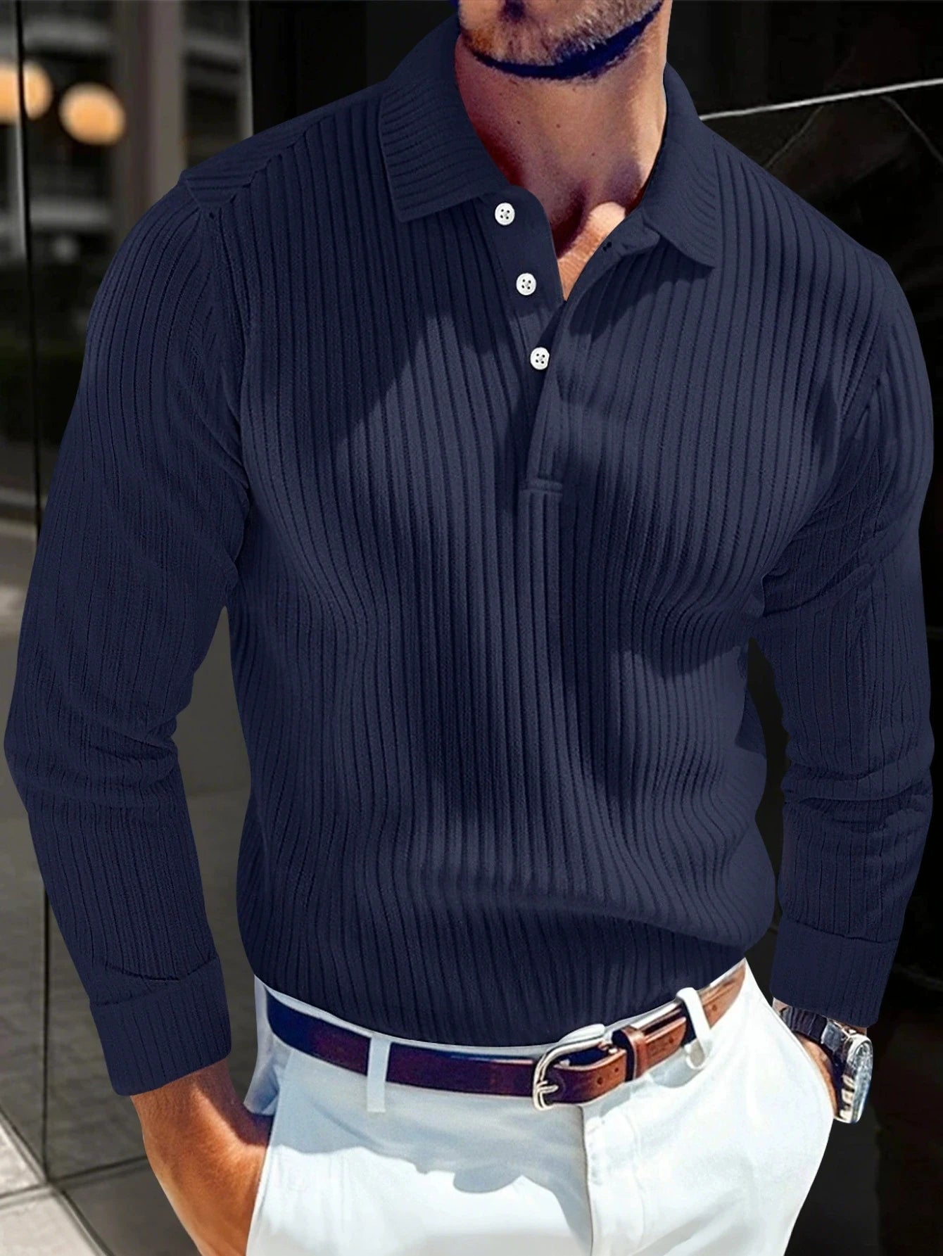 2026 Spring and Autumn New Men Solid Color Striped Button Knitted Collar Long Sleeve Top Business Casual Breathable Polo Shirt