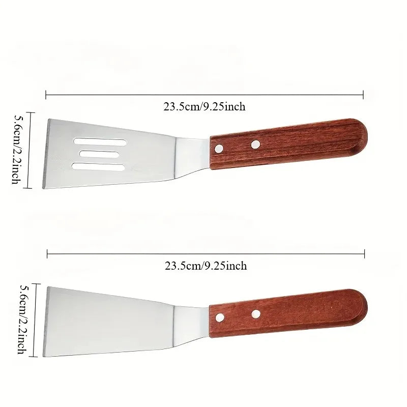 Stainless Steel Square Head Steak Cooking Spatula Wood Handle Pizza Shovel Pancake Beef Turner Scraper BBQ Utensils For Kitchen