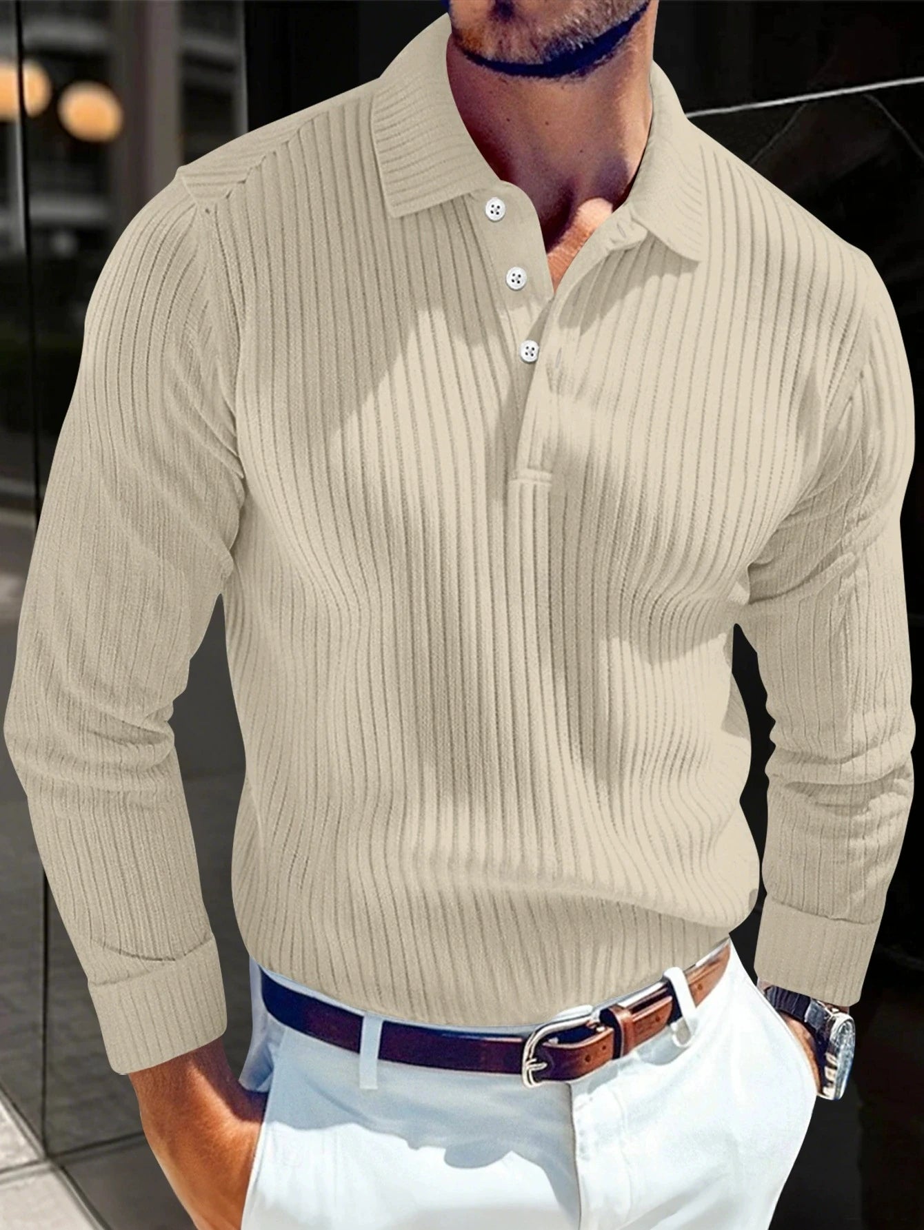 2026 Spring and Autumn New Men Solid Color Striped Button Knitted Collar Long Sleeve Top Business Casual Breathable Polo Shirt