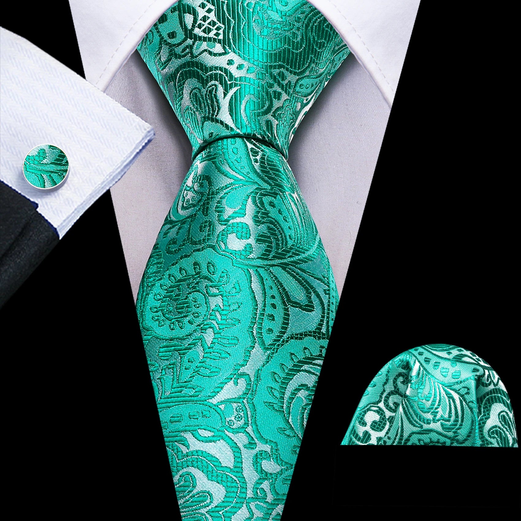 Barry.Wang Green Mint Teal Men Tie Hanky Cufflinks Set Jacquard Olive Sage Lawn Cyan Necktie for Male Wedding Business Gift