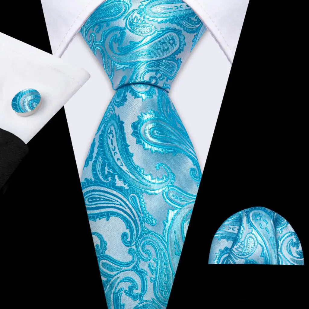 Barry.Wang Green Mint Teal Men Tie Hanky Cufflinks Set Jacquard Olive Sage Lawn Cyan Necktie for Male Wedding Business Gift