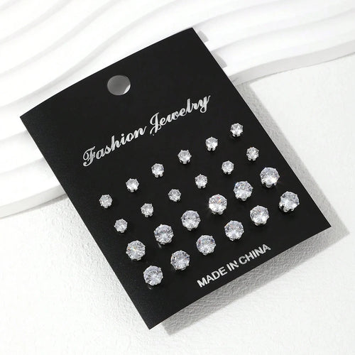 12/24/36 Pairs Shiny Zircon Stud Earrings Set for Women Men Daily Versatile Chic Silver Color Crystal Ear Jewelry Accessories